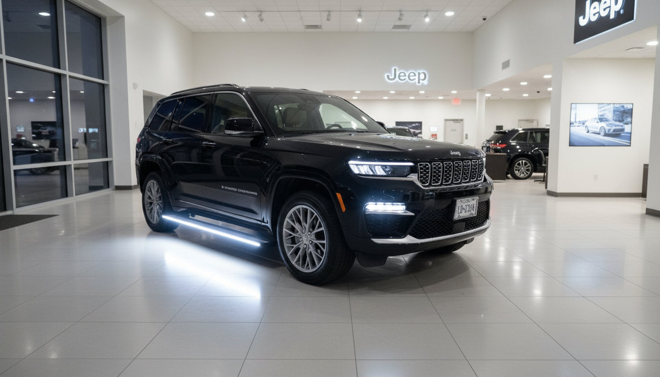 AutoTech Trends Running boards and steps for Jeep Grand Cherokee 5th 2022-2023 - The best-selling, Sleek and Retractable steps on the market for Luxury SUV’s & XUVs that are durable, reliable, electric, retractable, and lit with LEDs. Introducing the E-LUME Series 1 – the first bolt-on retractable Automatic Running Boards designed specifically for Jeep Grand Cherokee 5th 2022-2026. Experience the convenience and style with AutoTech Trends today!